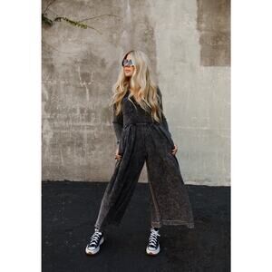 Intimately Free People Do Not Disturb Jumpsuit Women XL Gray Wide Leg Distressed